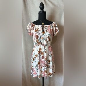 Parc & Lex•short-sleeve peasant dress•square notch neck•rayon blend•ivory/brown